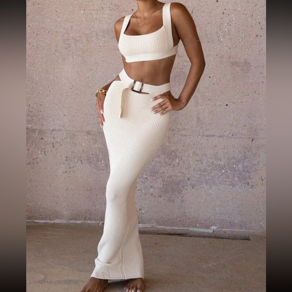 Solid Tie Backless Crop Knit Top & Buckle Waist Cutout Knit Skirt - Picture 4 of 5